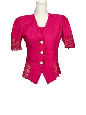 S.L. Fashions Vintage 80s Fuchsia Pink Puff Sleeve Lace Accent Peplum Button Top